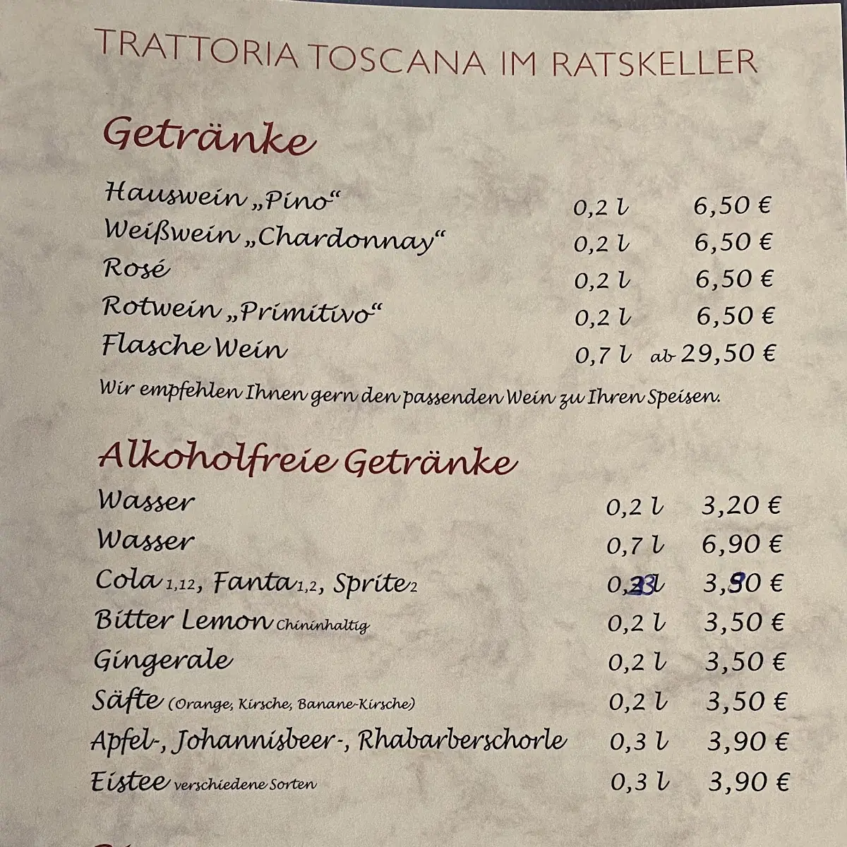 Speisekarte, Trattoria Toskana