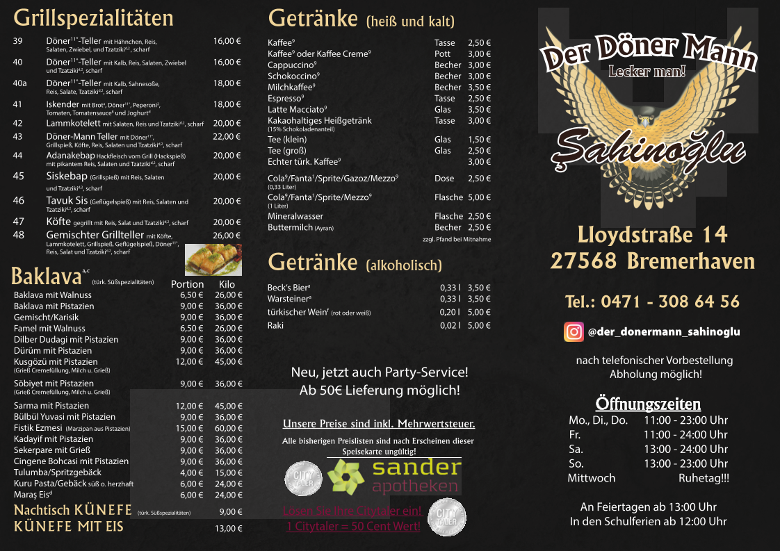 Speisekarte, Der Döner Mann Sahinoglu‎