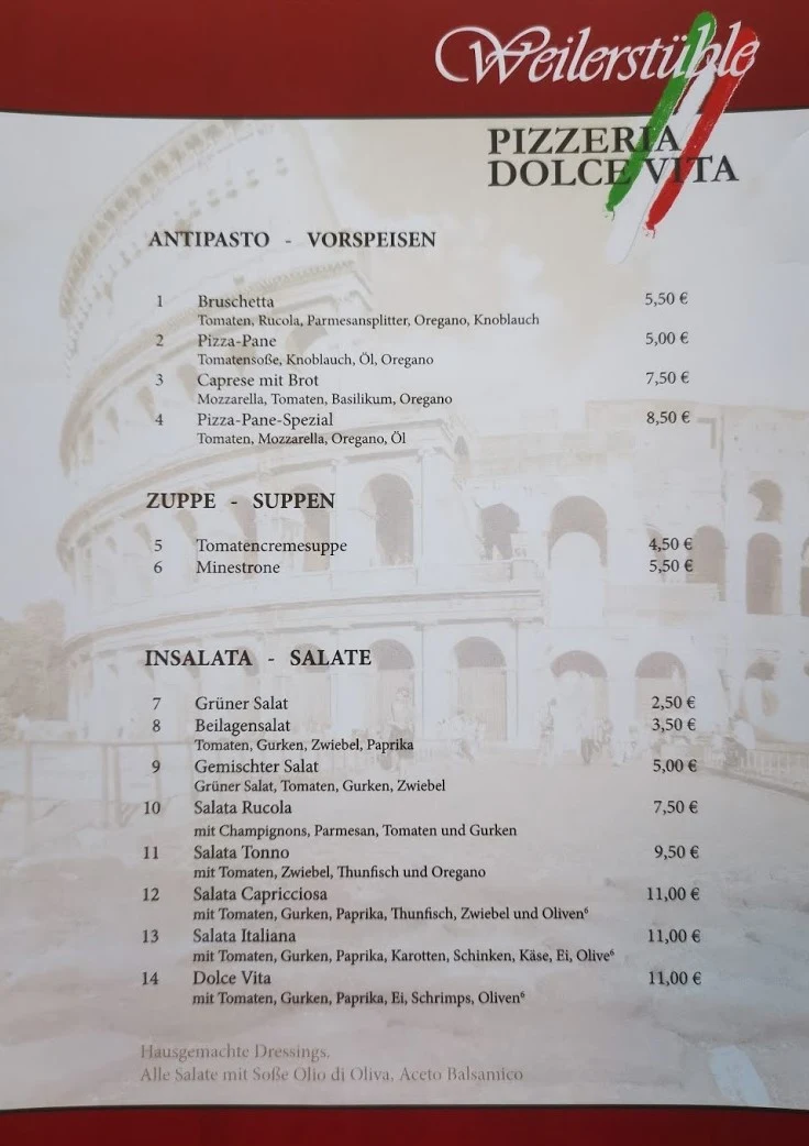 Speisekarte, Weilerstüble-Pizzeria Dolce Vita - Rodolfo Vita