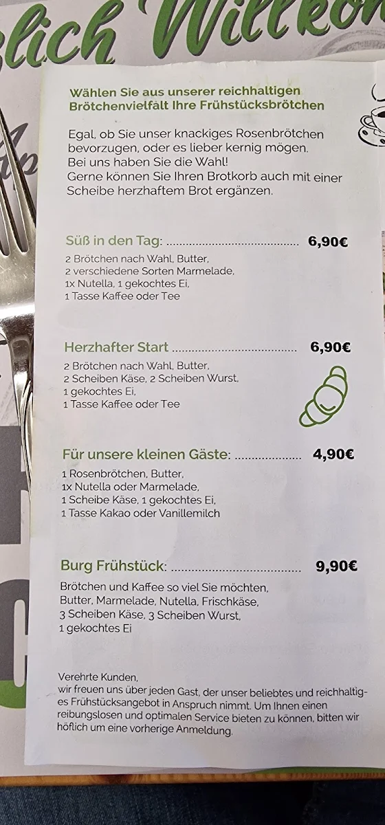 Speisekarte, Burg-Bäckerei & Café