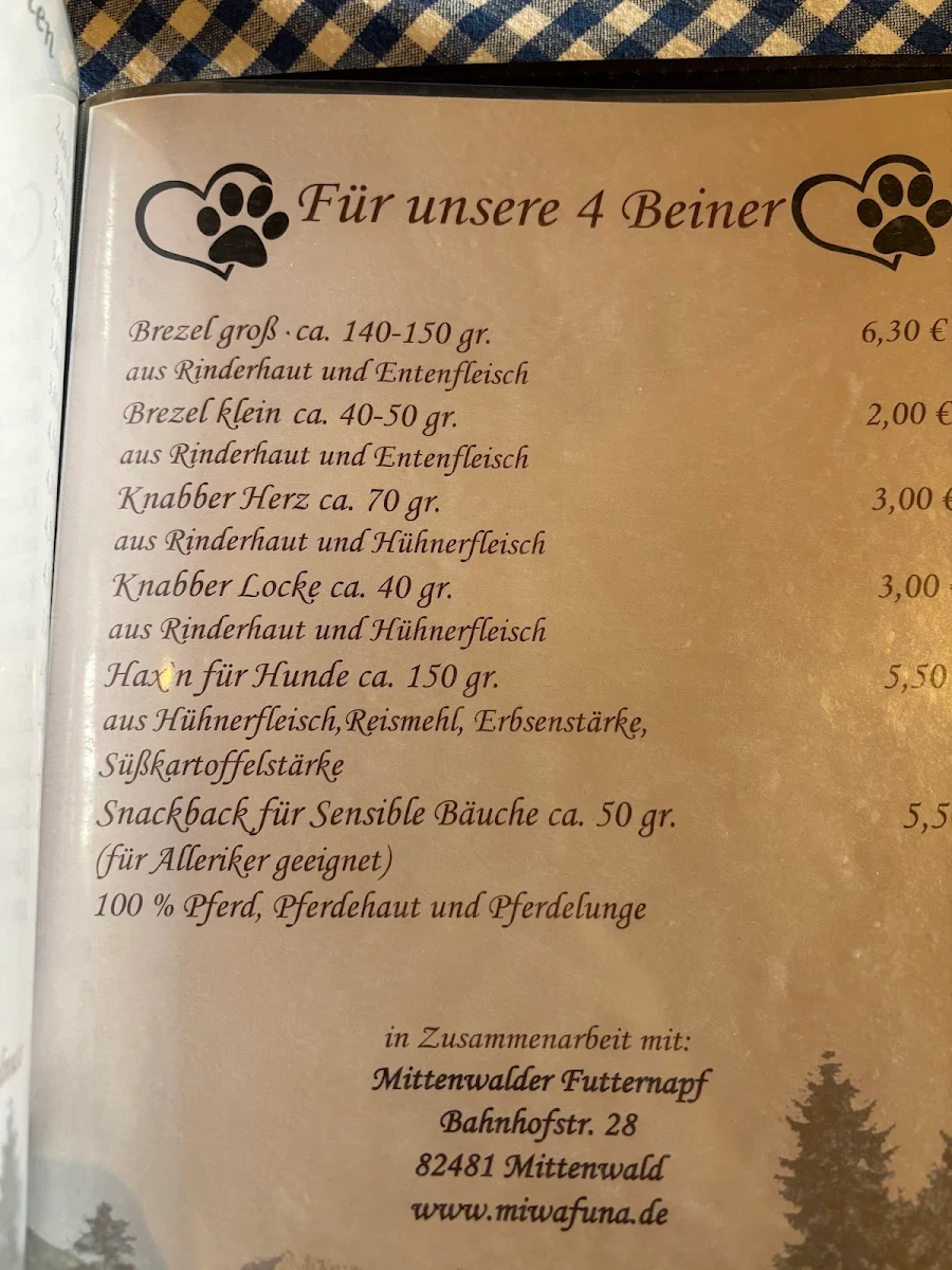 Speisekarte, Bayrische Stube im Haus des Gastes