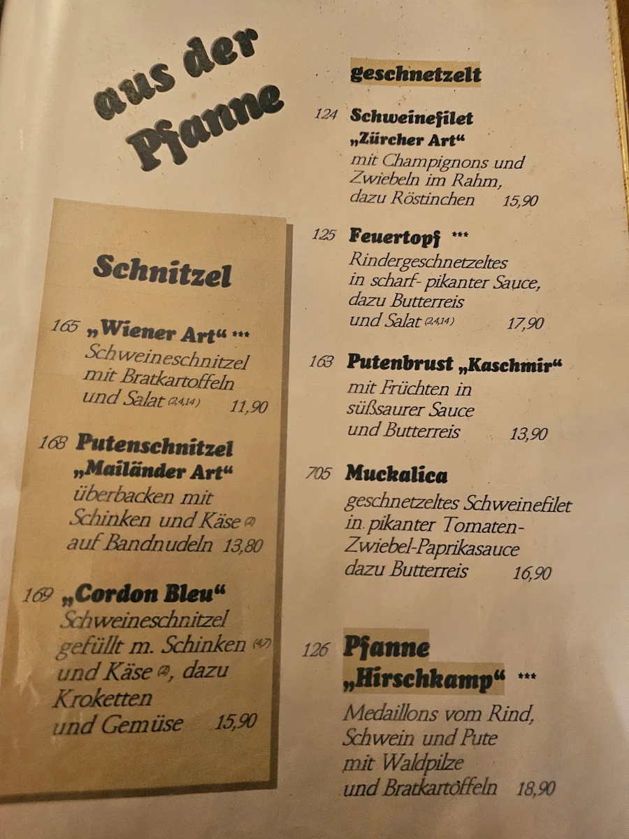 Speisekarte, Restaurant Zum Hirschkamp