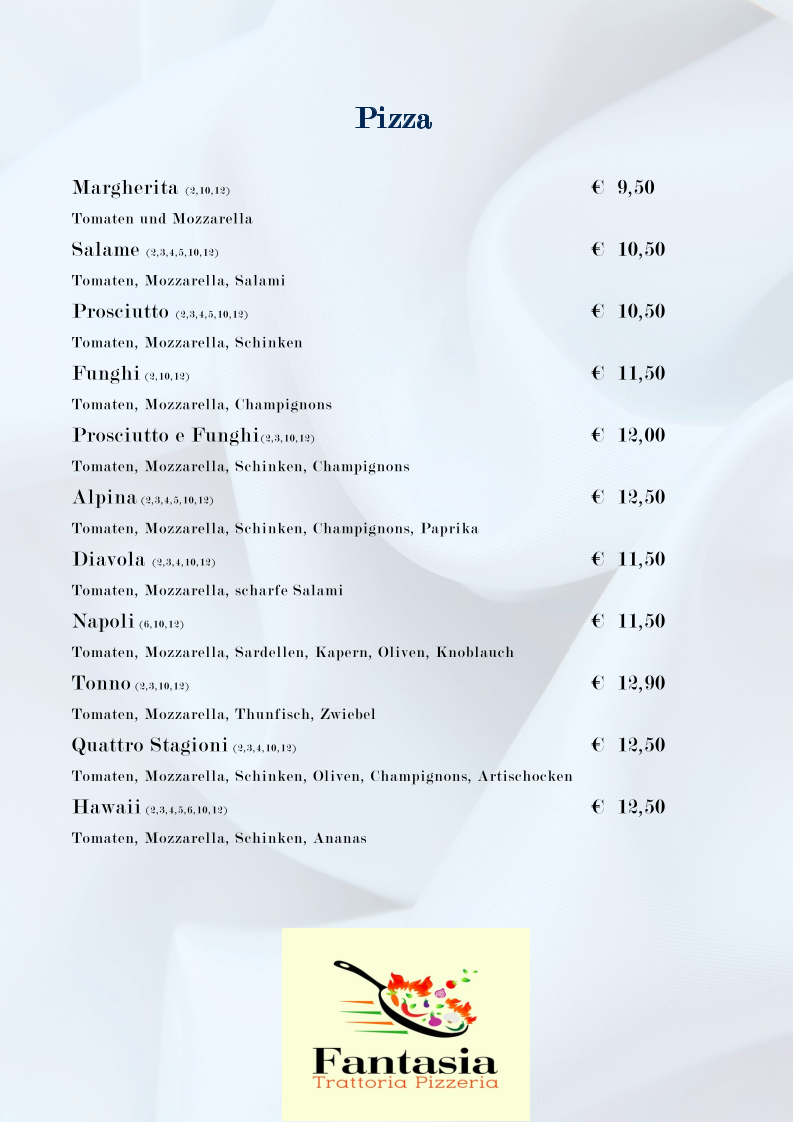 Speisekarte, Trattoria Fantasia Gaststätte am Gänswasen beim Sportplatz
