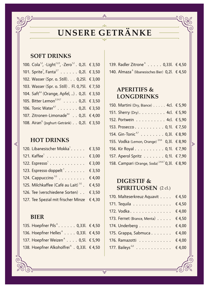 Speisekarte, Tyros Restaurant - Karlsruhe