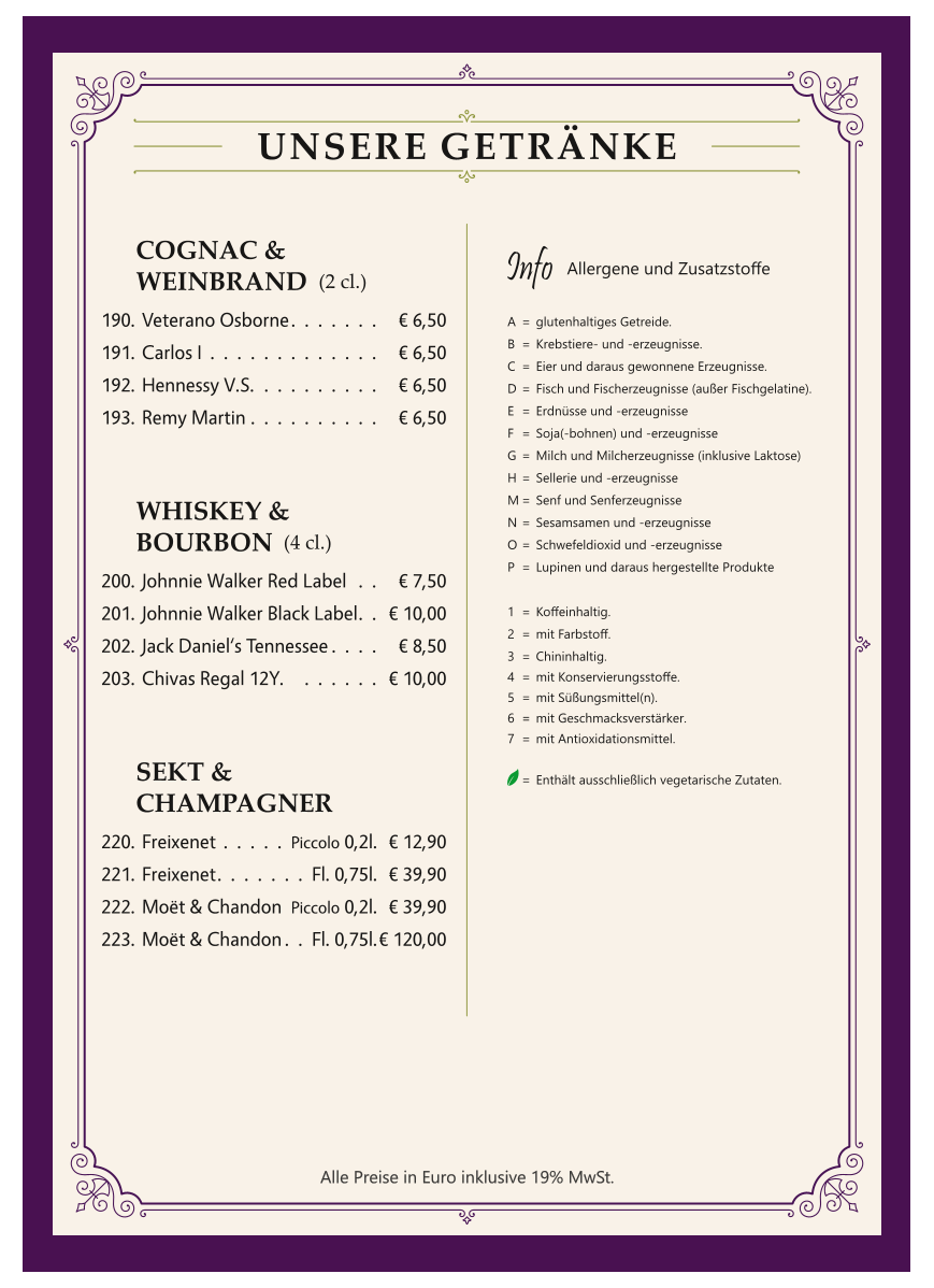 Speisekarte, Tyros Restaurant - Karlsruhe