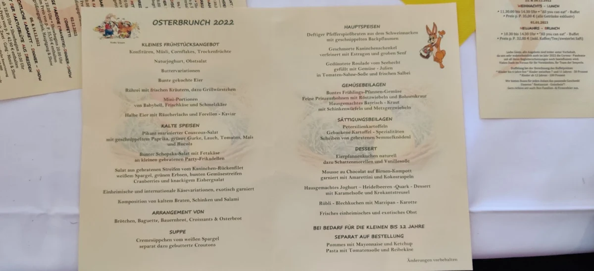 Speisekarte, Restaurant Seeperle im Seepark Auenhain