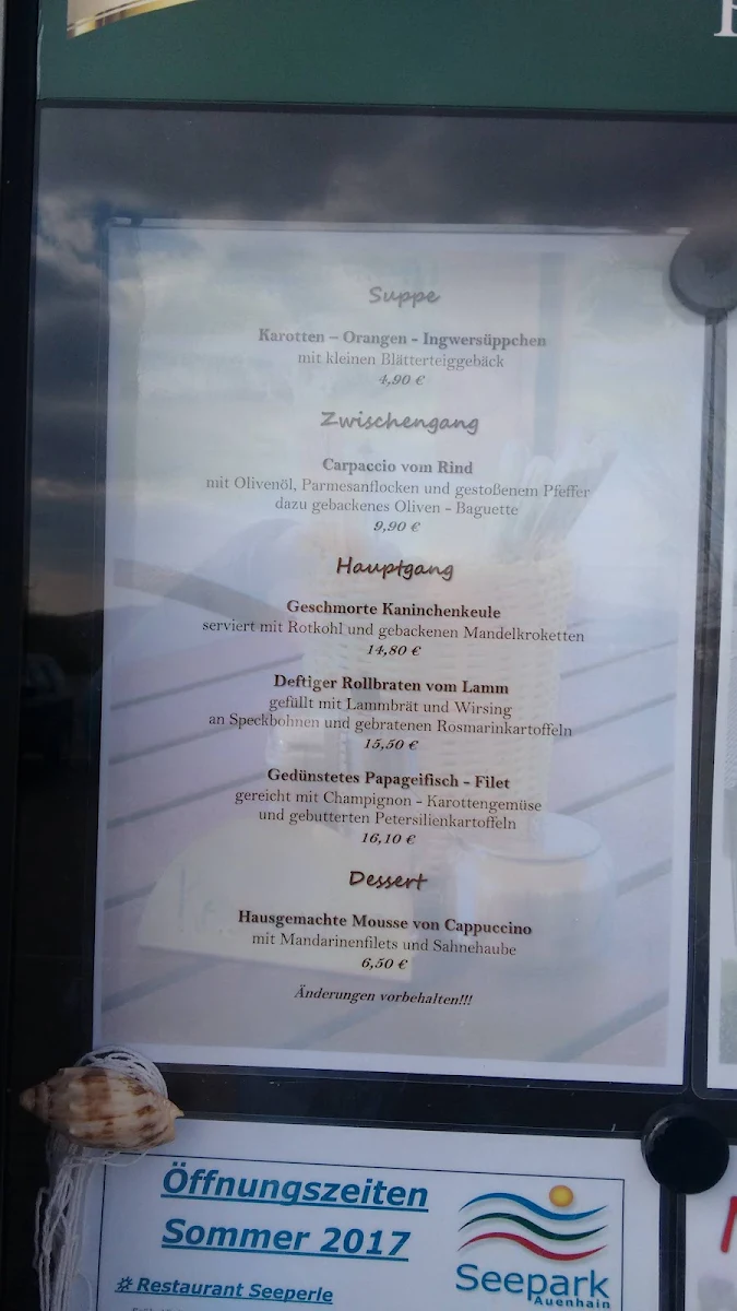 Speisekarte, Restaurant Seeperle im Seepark Auenhain