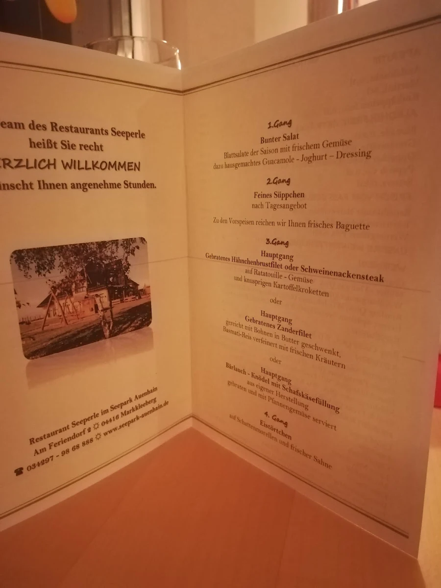 Speisekarte, Restaurant Seeperle im Seepark Auenhain