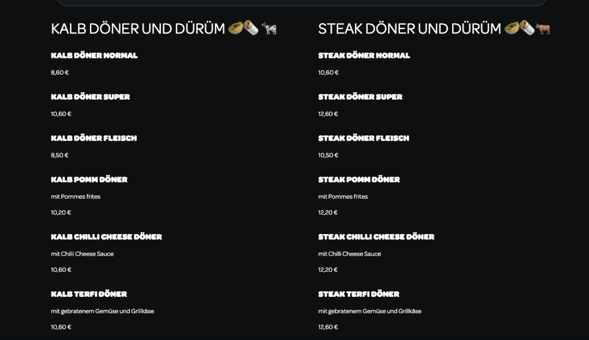Speisekarte, Eva Steak Döner