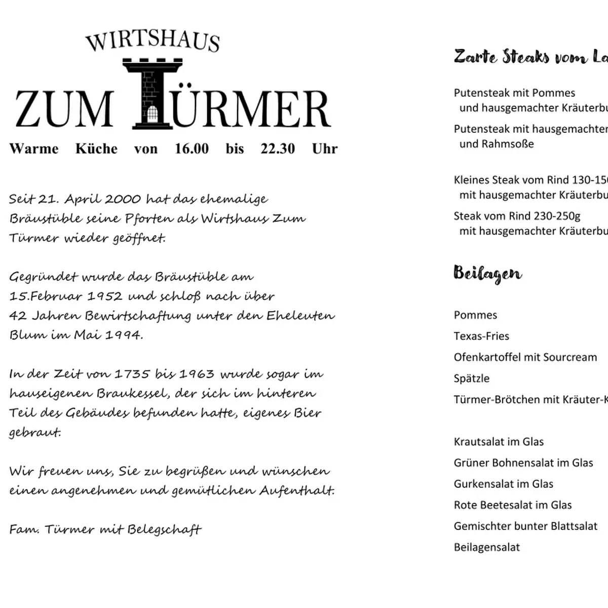 Speisekarte, Wirtshaus zum Türmer