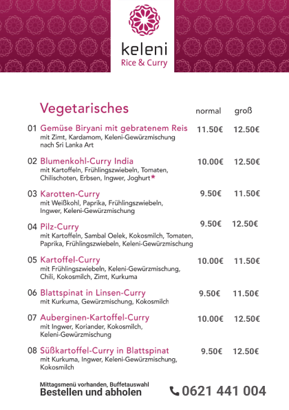 Speisekarte, Keleni Rice & Curry