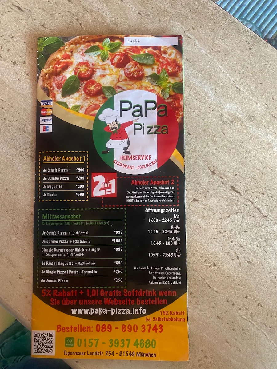 Speisekarte, Papa Pizza