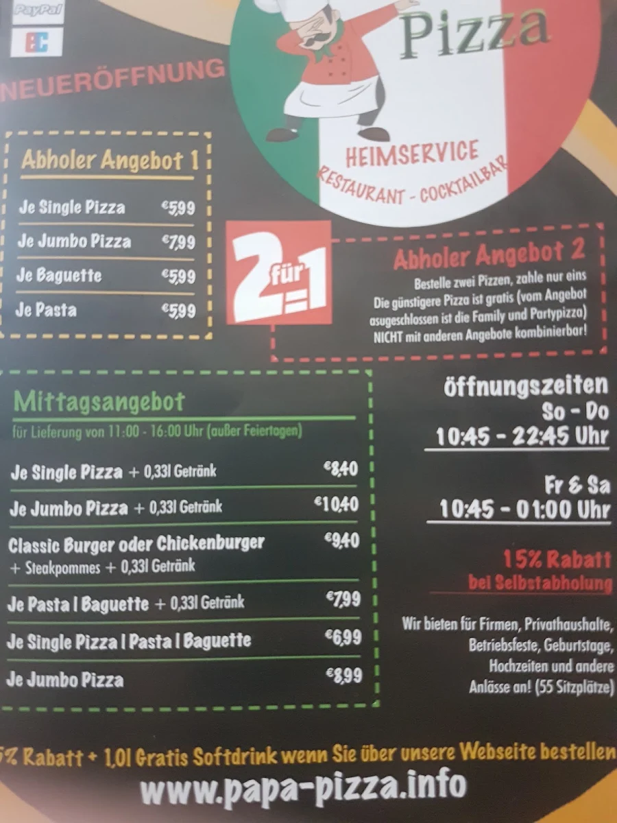 Speisekarte, Papa Pizza