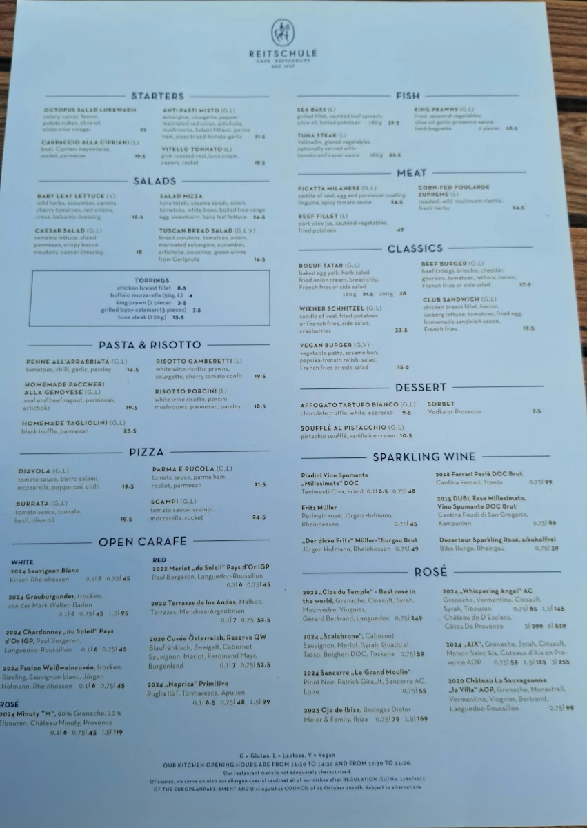 Speisekarte, Café Reitschule
