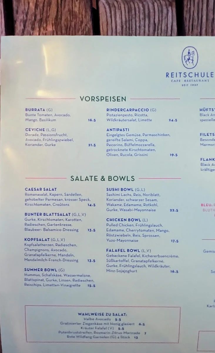 Speisekarte, Café Reitschule