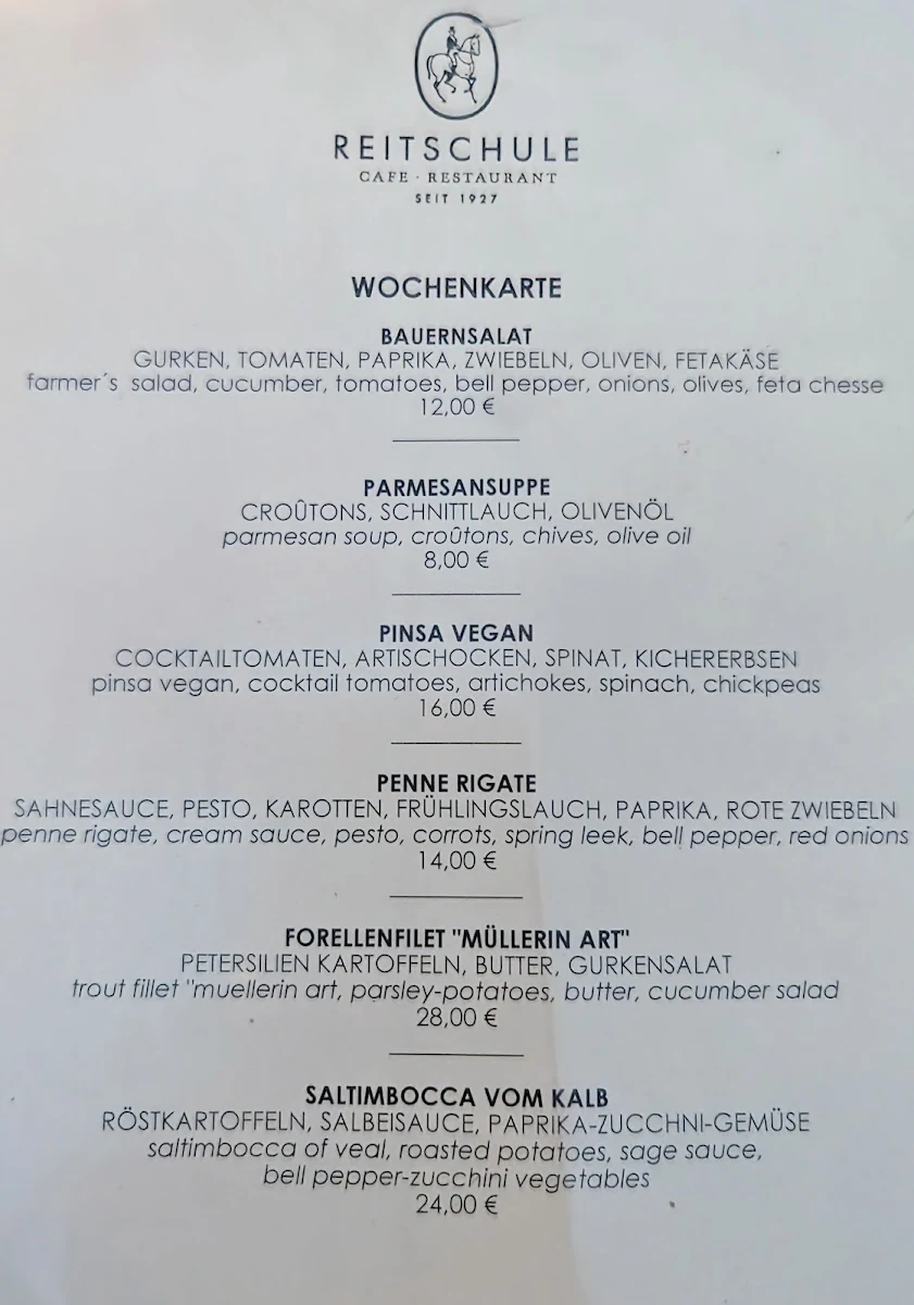 Speisekarte, Café Reitschule