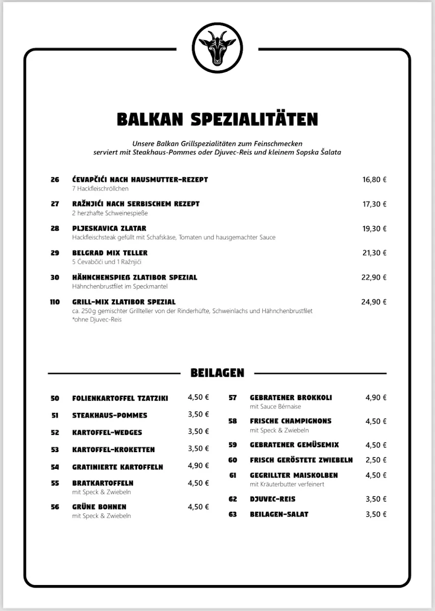 Speisekarte, Steakhaus "Am Ziegenbrunnen" - Schüttorf