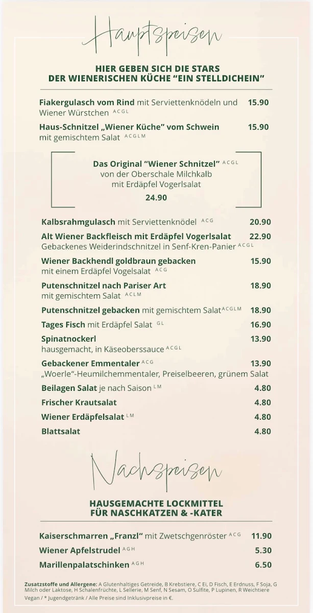 Speisekarte, Wiener Küche im Schloss Wiesenthau