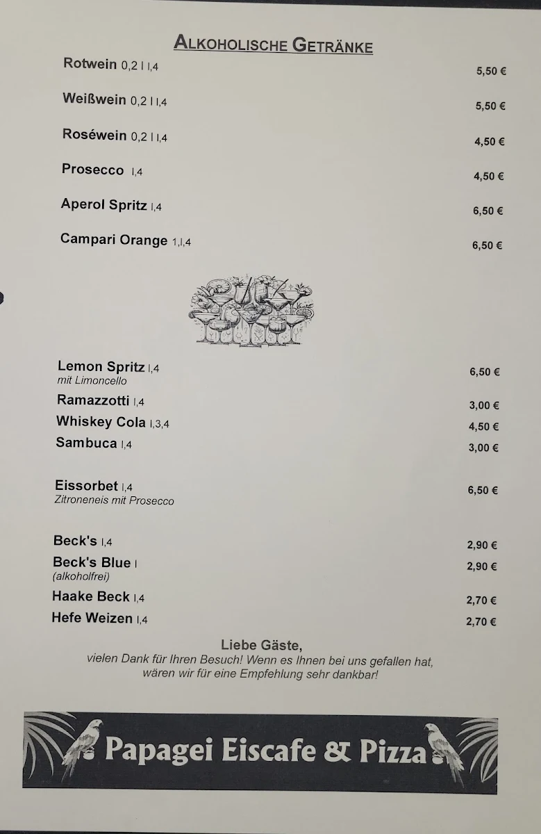 Speisekarte, Papagei Eiscafé & Pizza
