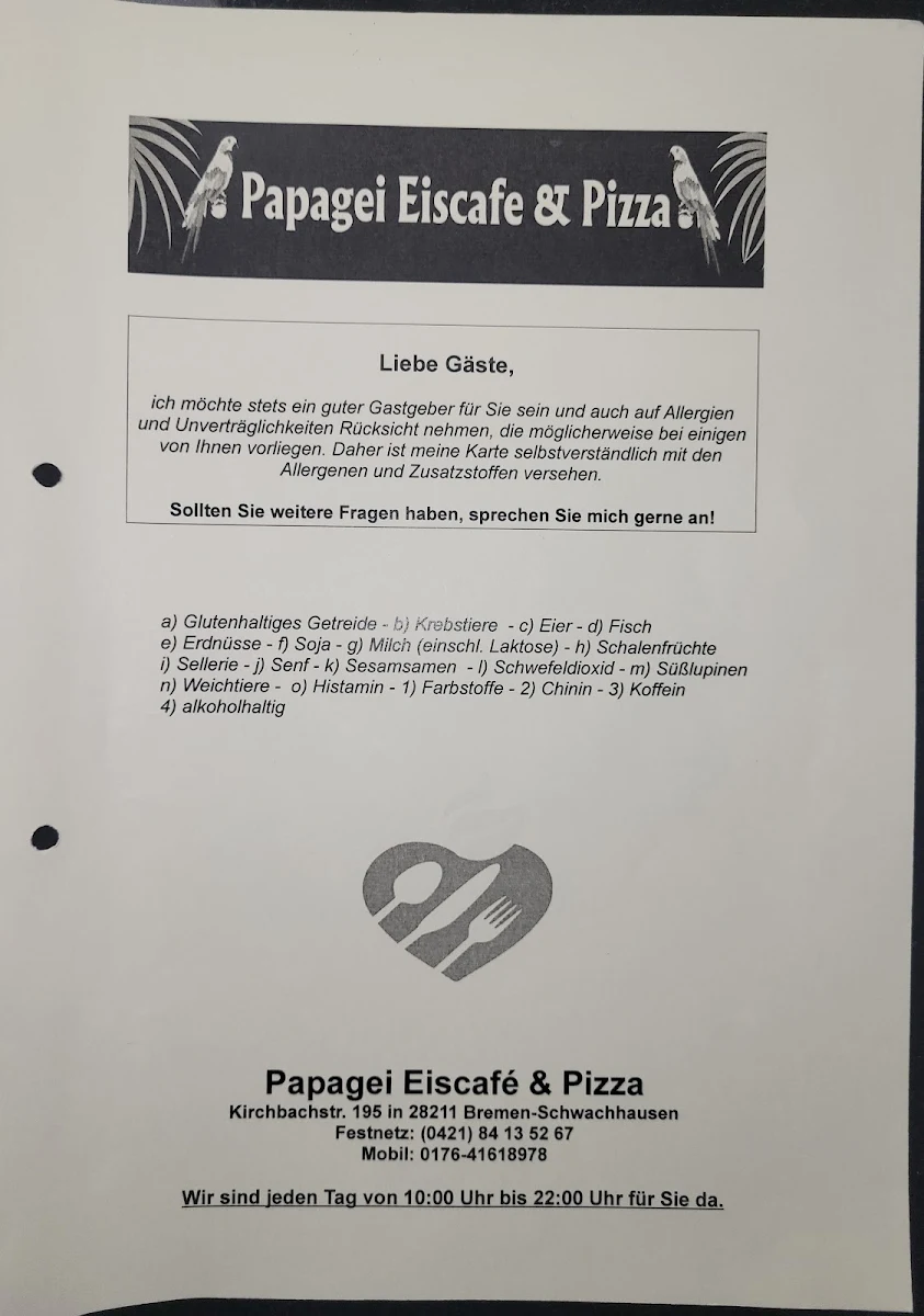 Speisekarte, Papagei Eiscafé & Pizza