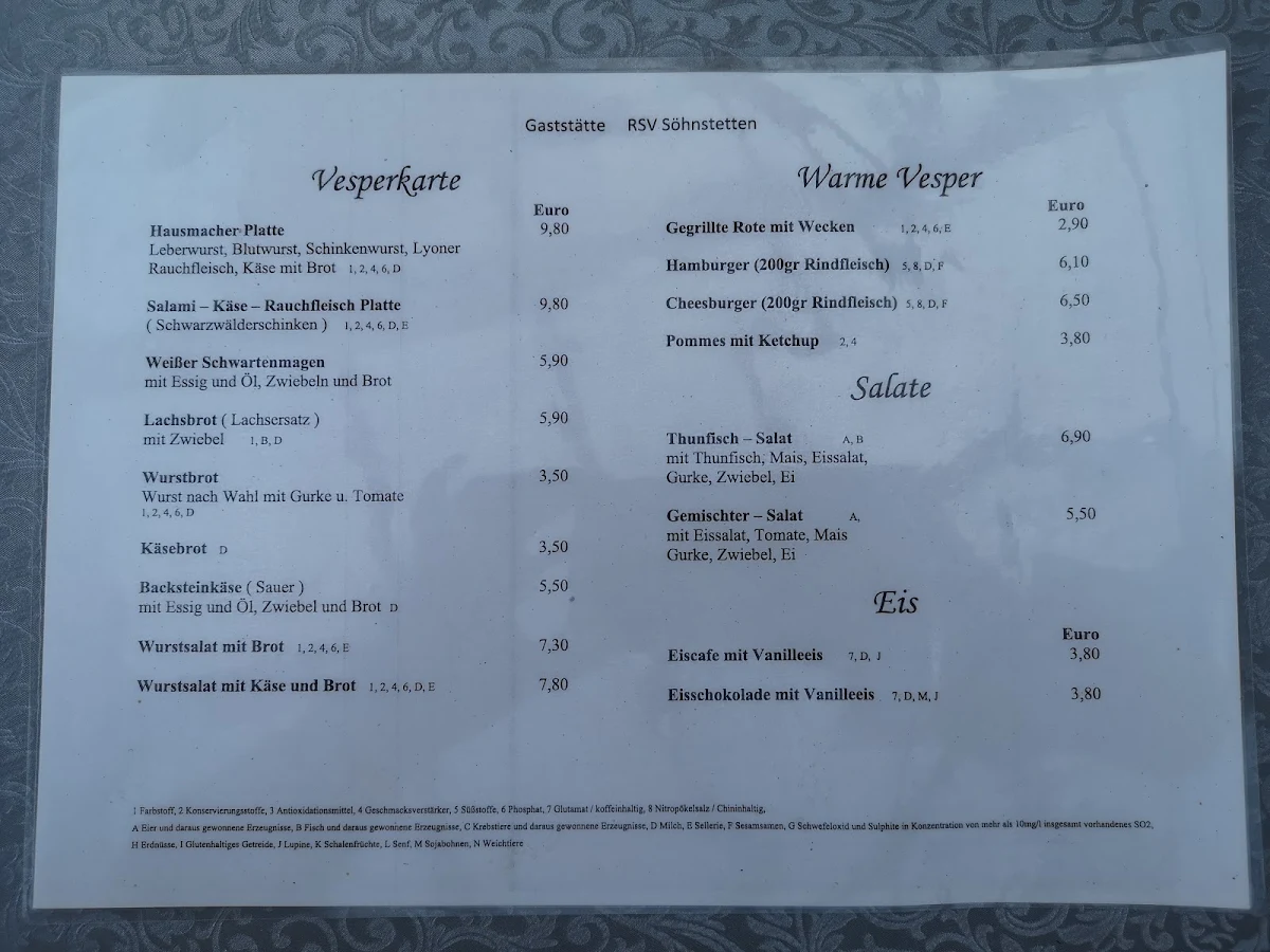 Speisekarte, Vereinsgaststätte Versperstüble des Radfahr- und Schützenverein