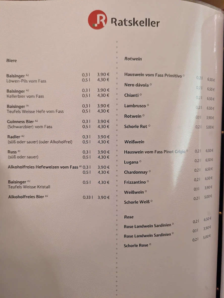 Speisekarte, Ratskeller Restaurant Tübingen