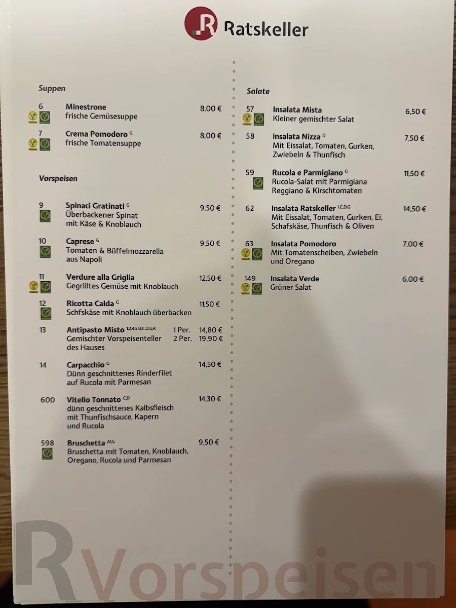 Speisekarte, Ratskeller Restaurant Tübingen
