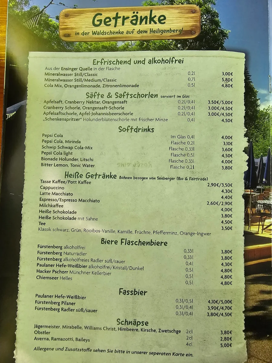 Speisekarte, Waldschenke Heidelberg Gasthaus mit Biergarten