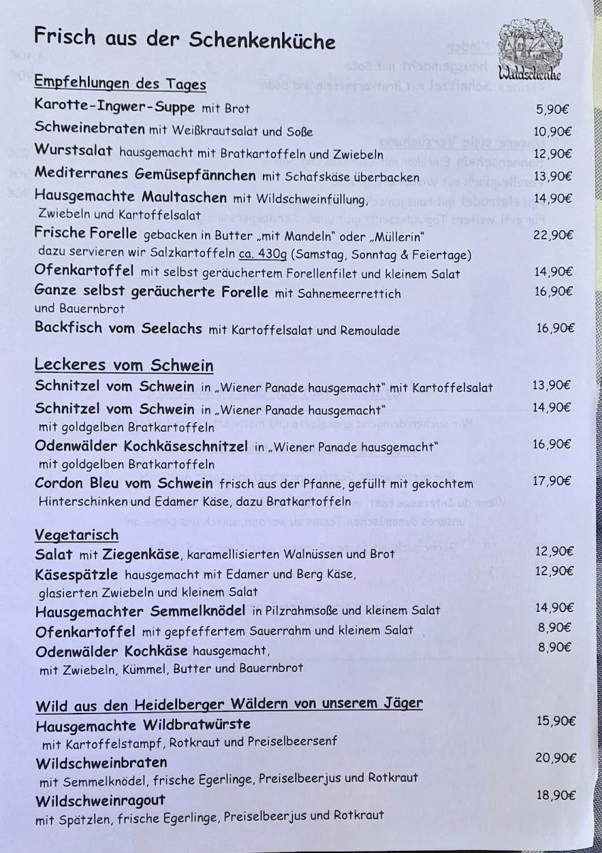 Speisekarte, Waldschenke Heidelberg Gasthaus mit Biergarten