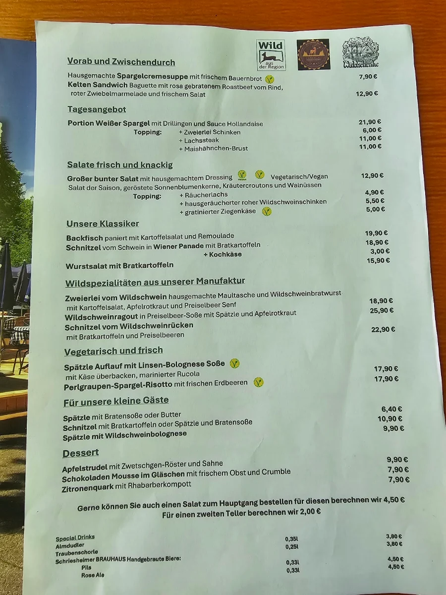 Speisekarte, Waldschenke Heidelberg Gasthaus mit Biergarten