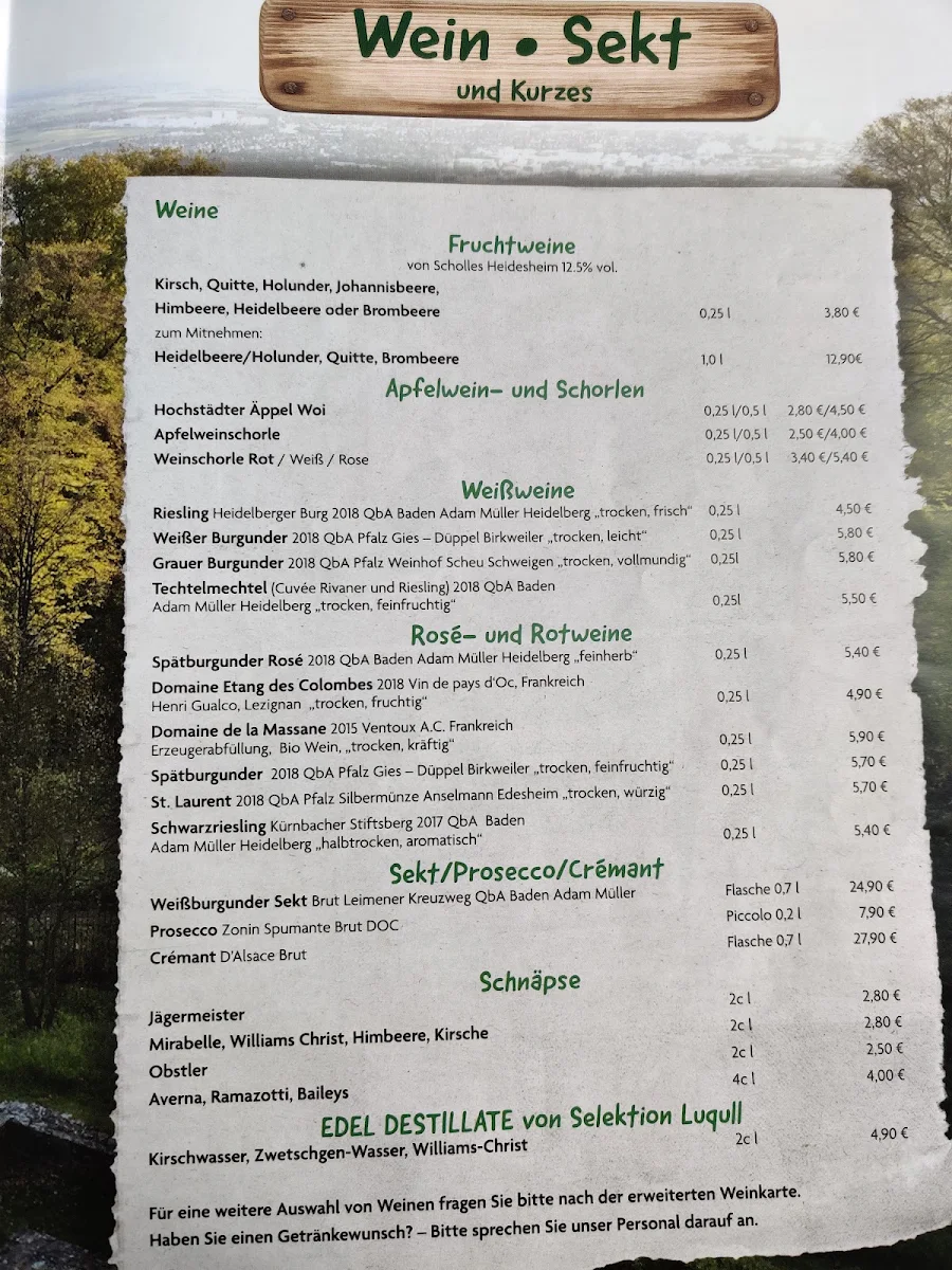 Speisekarte, Waldschenke Heidelberg Gasthaus mit Biergarten