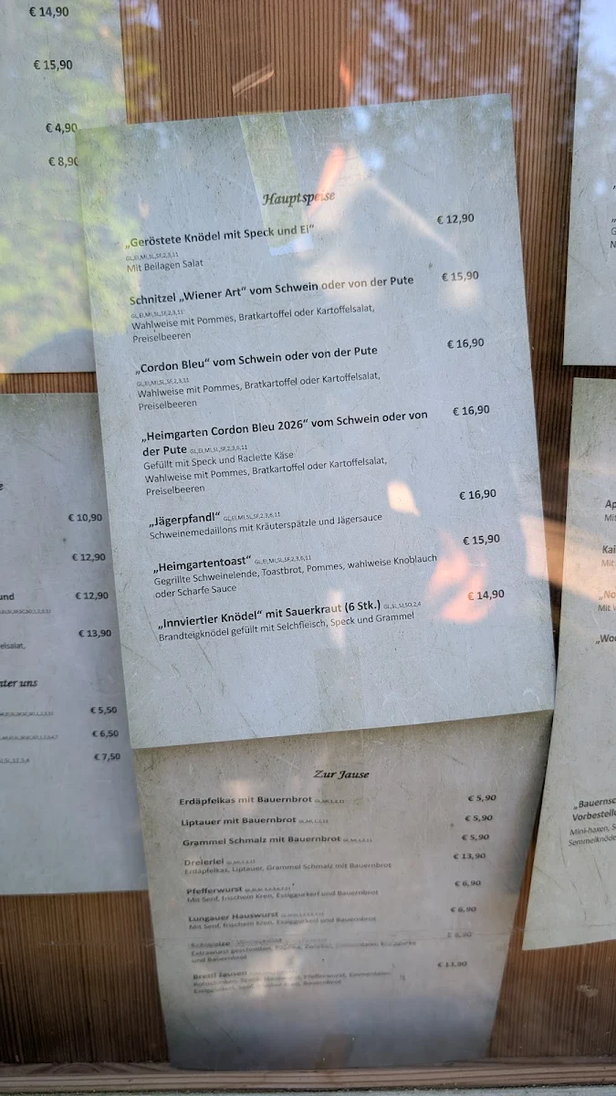 Speisekarte, Gasthaus Heimgarten