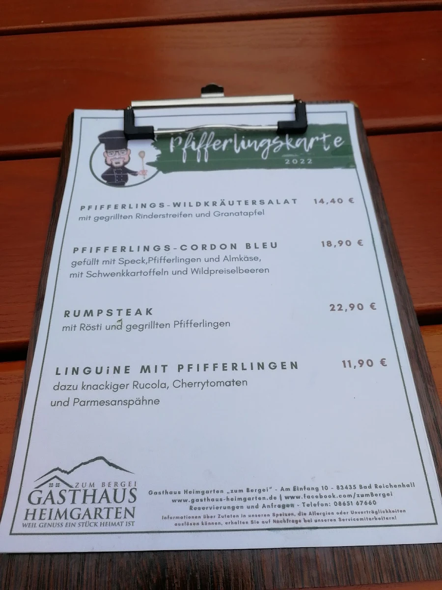 Speisekarte, Gasthaus Heimgarten