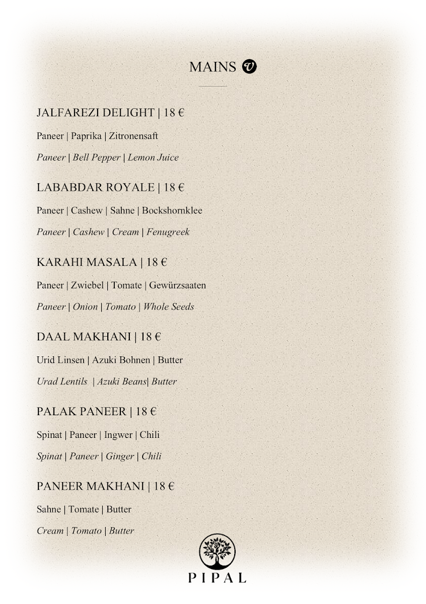 Speisekarte, Pipal - Fine Indian Dining - Indisches Restaurant Heumaden