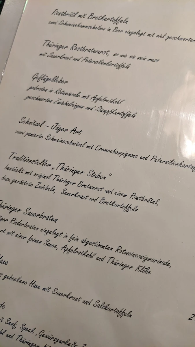 Speisekarte, Thüringer Stuben