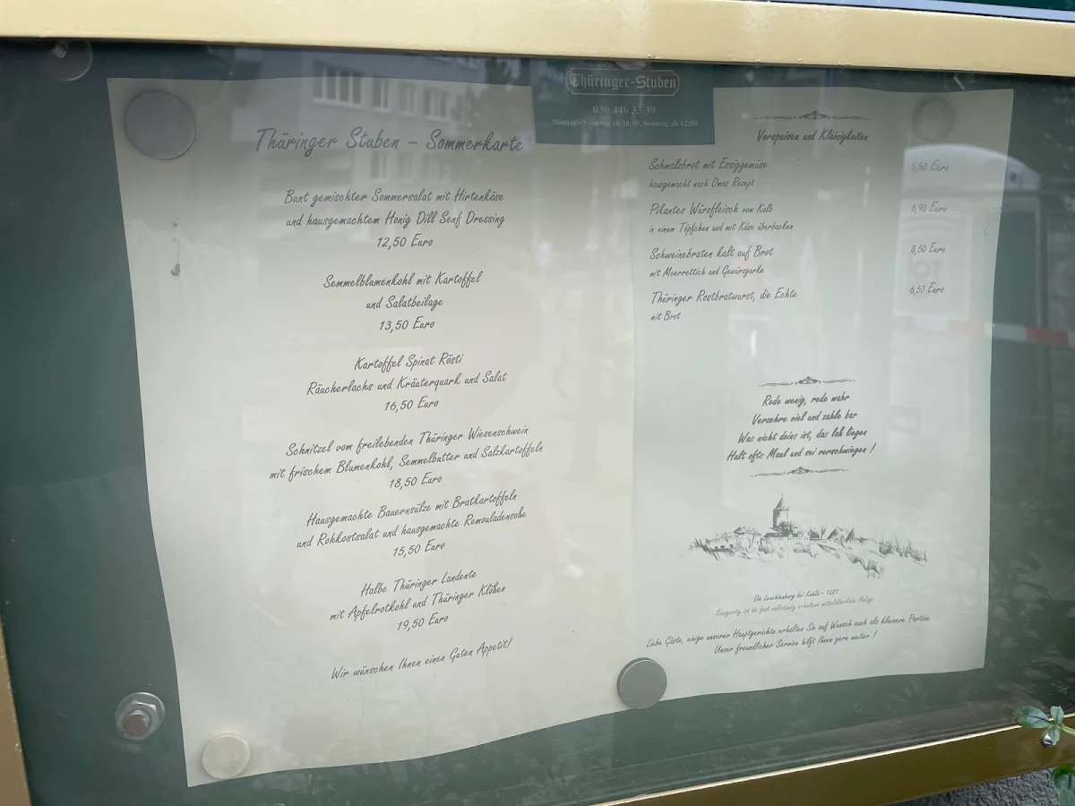 Speisekarte, Thüringer Stuben