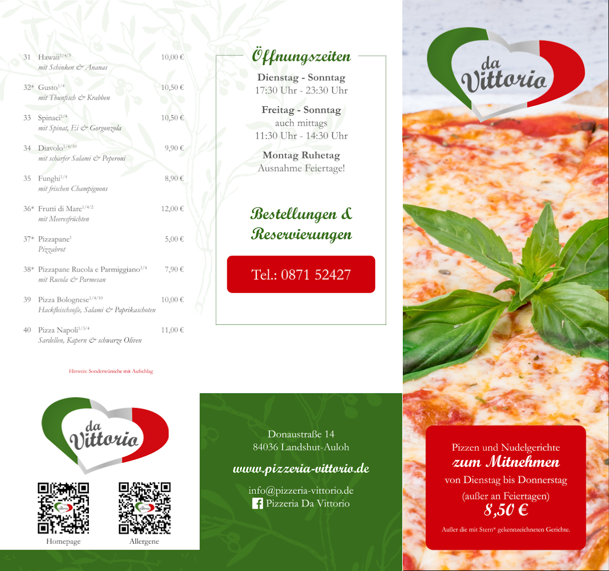 Speisekarte, Pizzeria da Vittorio