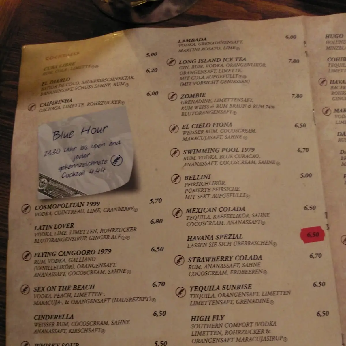 Speisekarte, Restaurante Havana