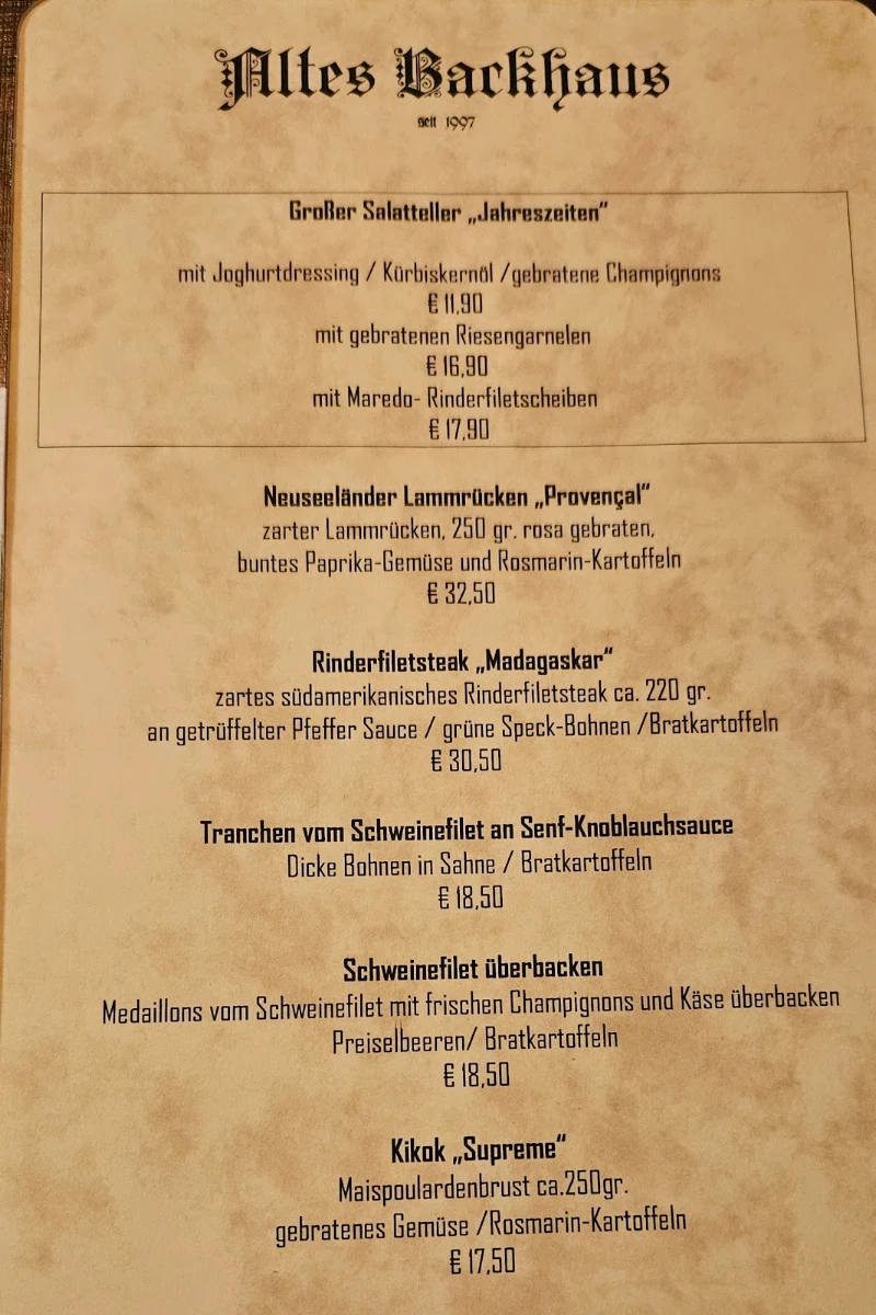 Speisekarte, Altes Backhaus