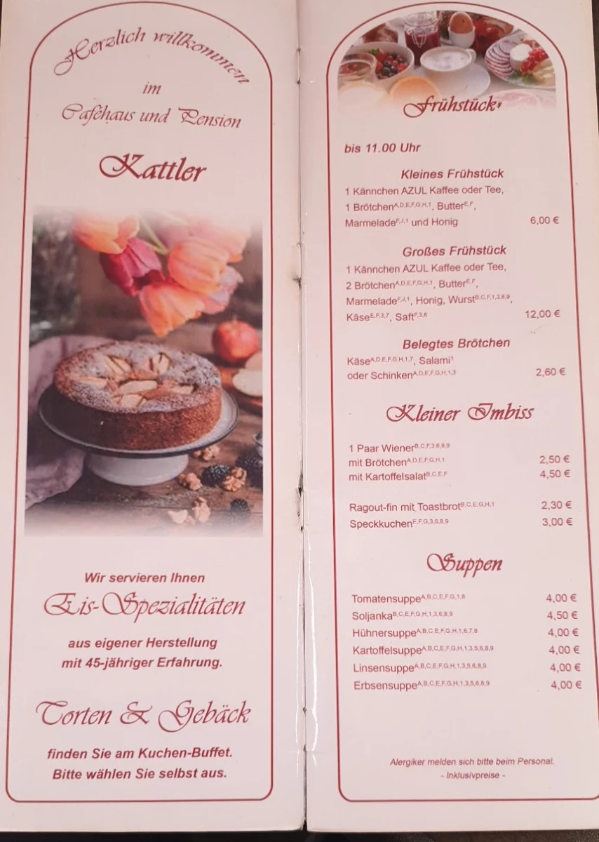 Speisekarte, Cafehaus Kattler