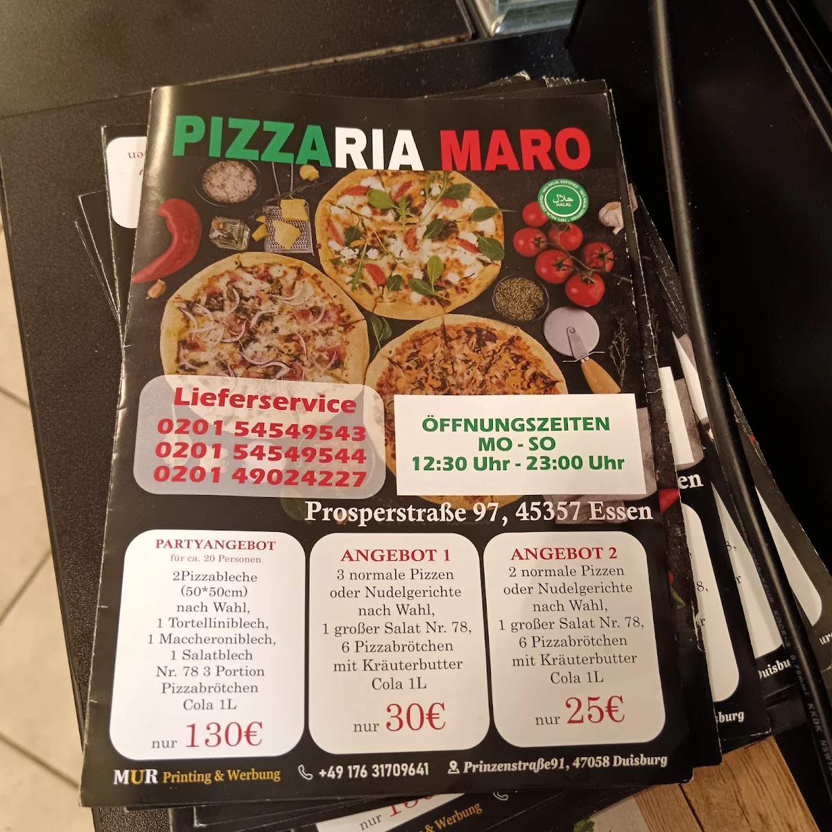 Speisekarte, Pizzeria Maro