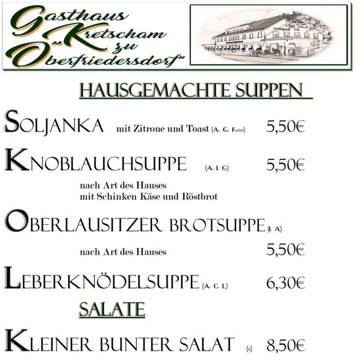 Speisekarte, Gasthaus Kretscham zu Oberfriedersdorf