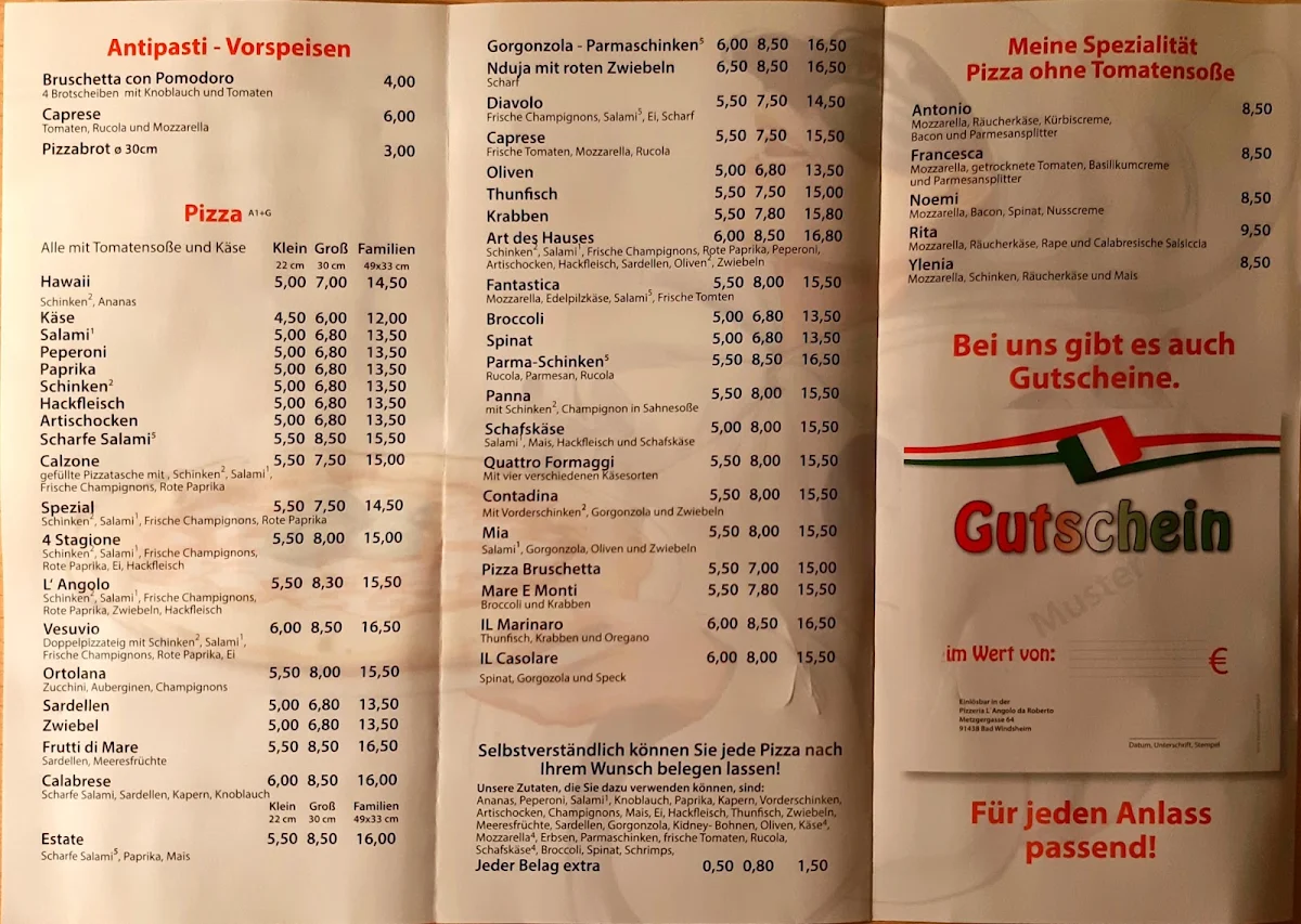 Speisekarte, Pizzeria L'Angelo da Roberto