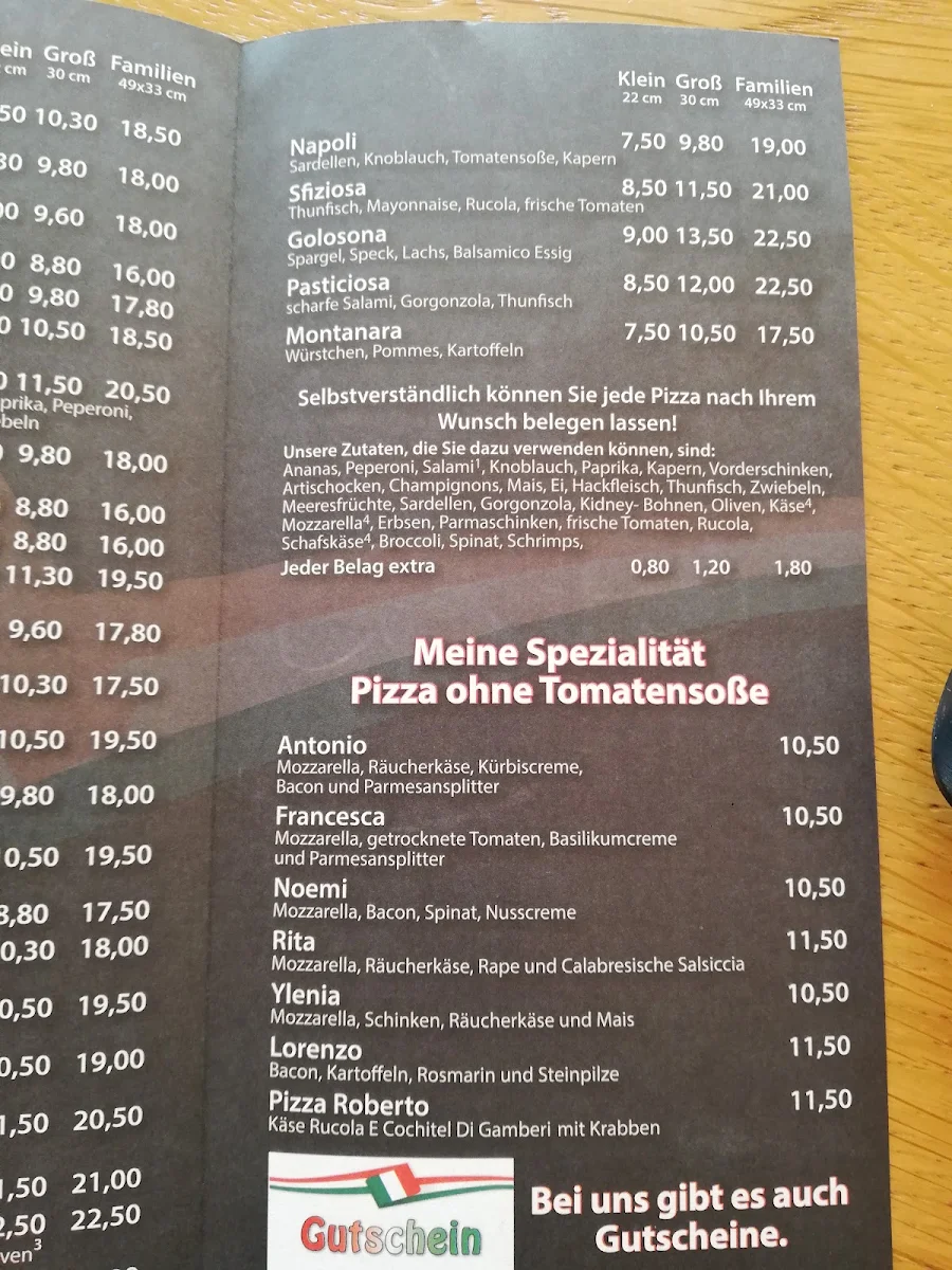 Speisekarte, Pizzeria L'Angelo da Roberto