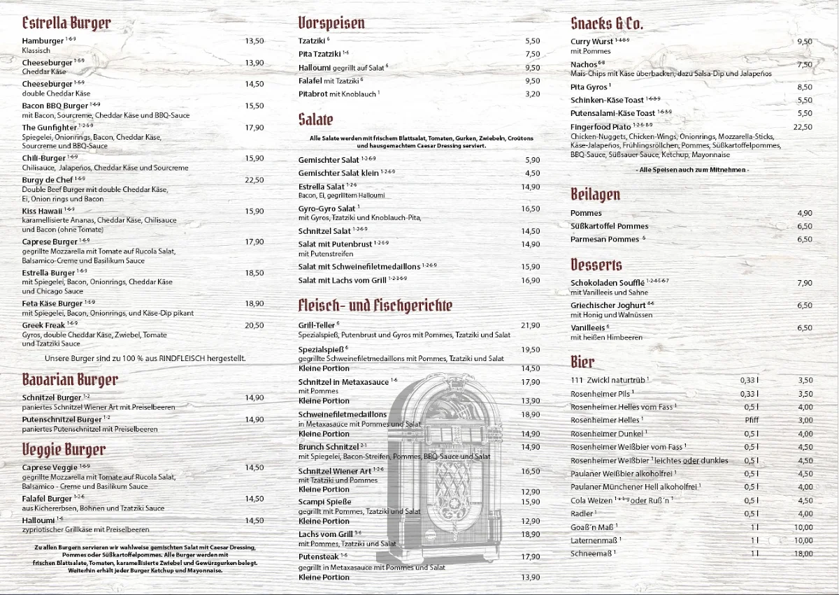Speisekarte, Estrella Burgerbar