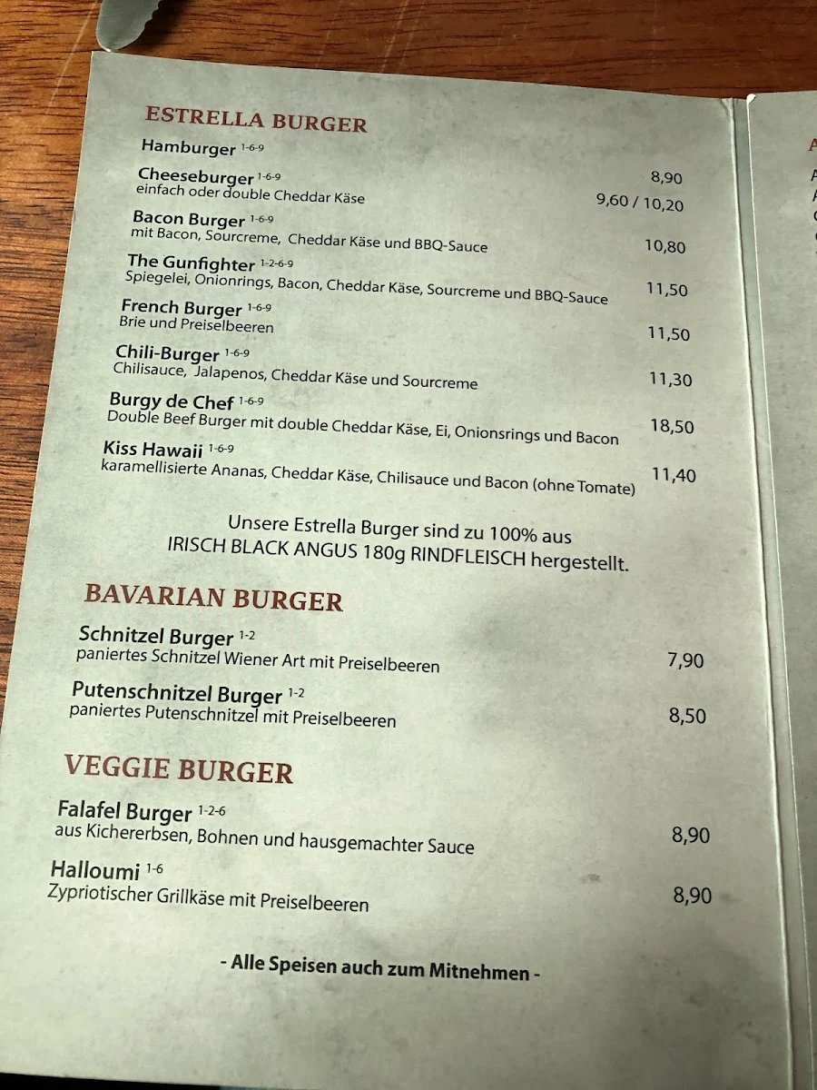 Speisekarte, Estrella Burgerbar