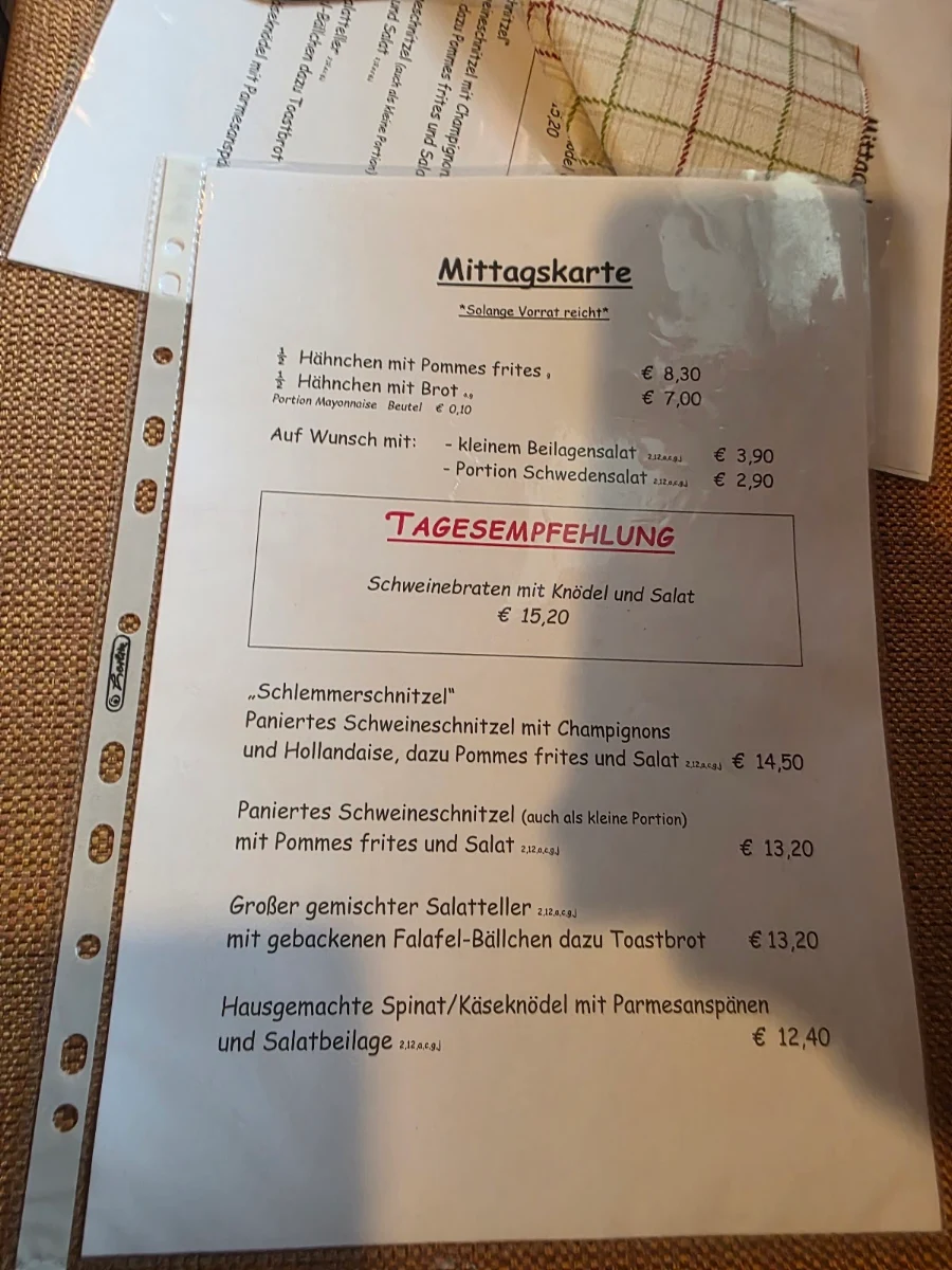 Speisekarte, Gasthaus Aschafftal