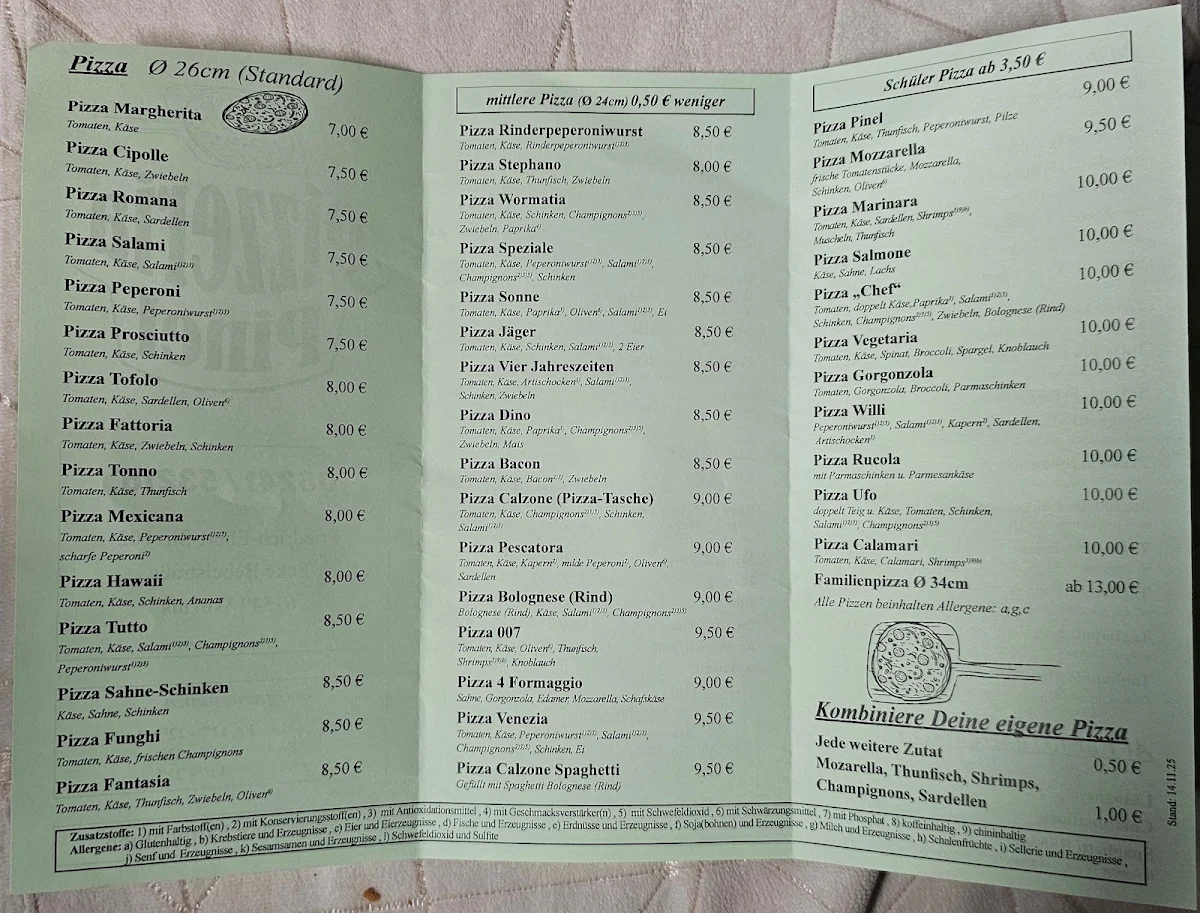 Speisekarte, Pizzeria Pinel