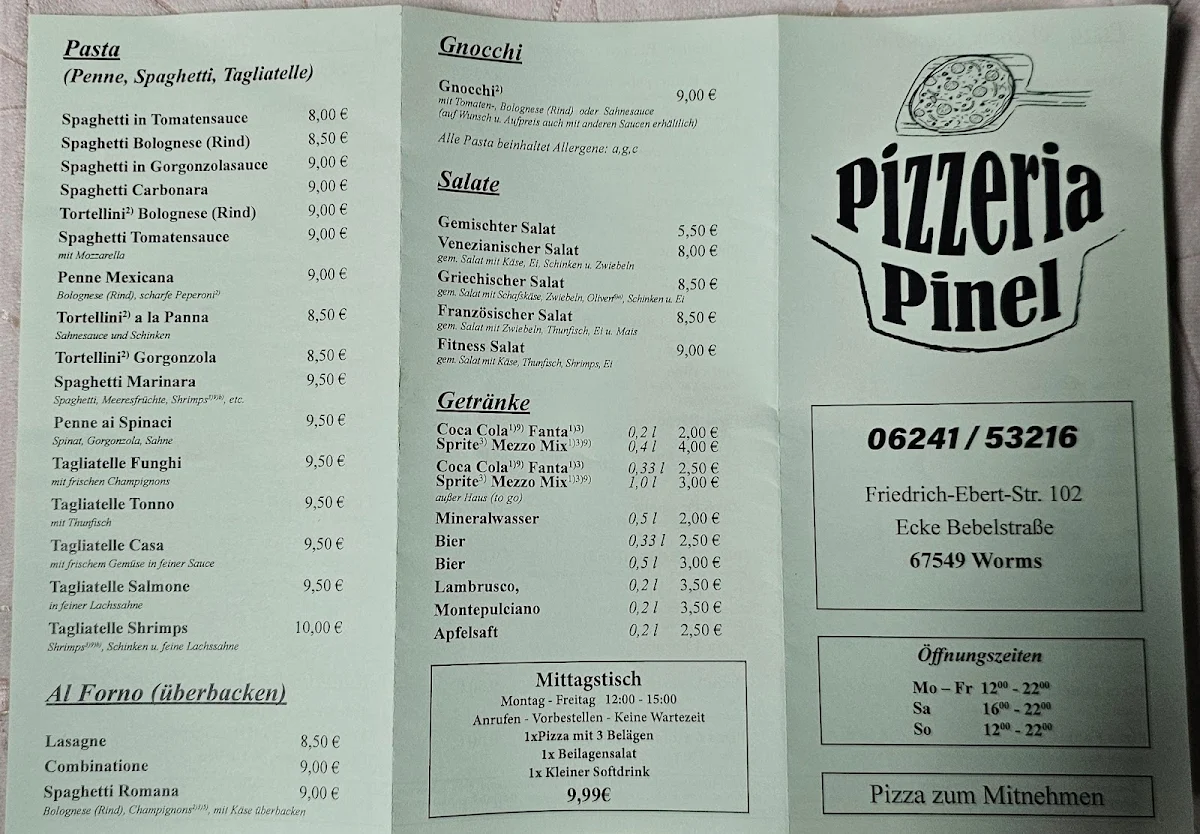 Speisekarte, Pizzeria Pinel