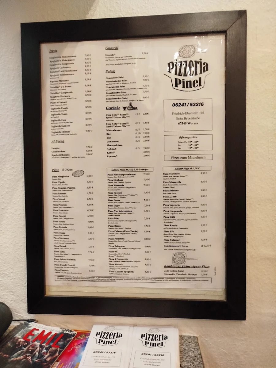 Speisekarte, Pizzeria Pinel